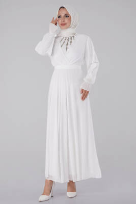 Taşlı Şifon Elbise Beyaz - 26256 - 2