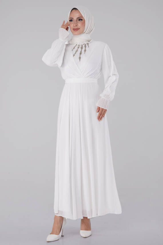 Taşlı Şifon Elbise Beyaz - 26256 - 2