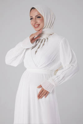 Taşlı Şifon Elbise Beyaz - 26256 - 3