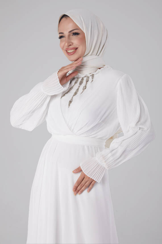 Taşlı Şifon Elbise Beyaz - 26256 - 3