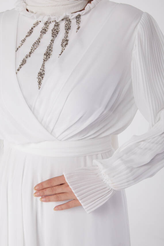 Taşlı Şifon Elbise Beyaz - 26256 - 6