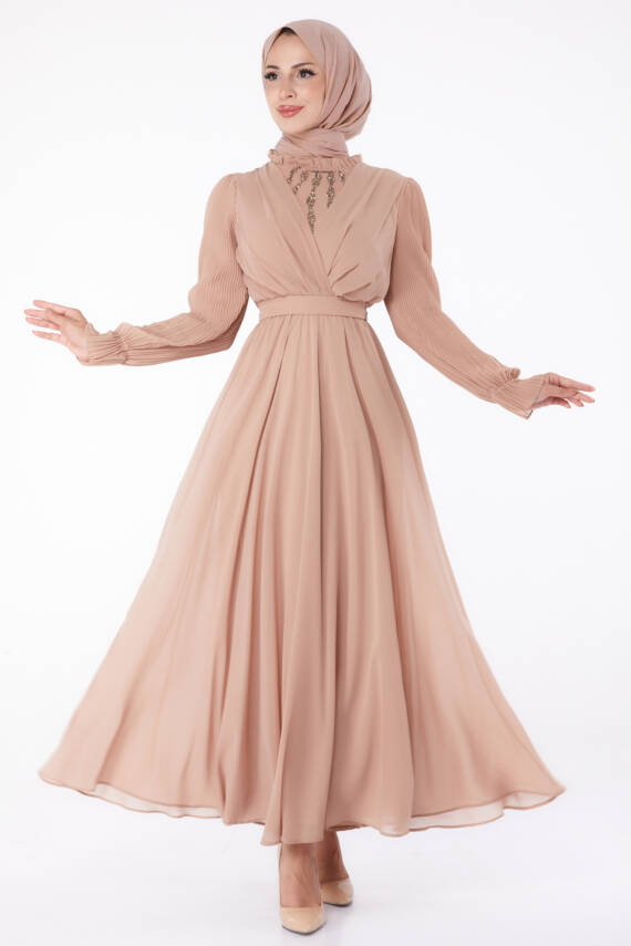 Taşlı Şifon Elbise Pudra - 26256 - 1