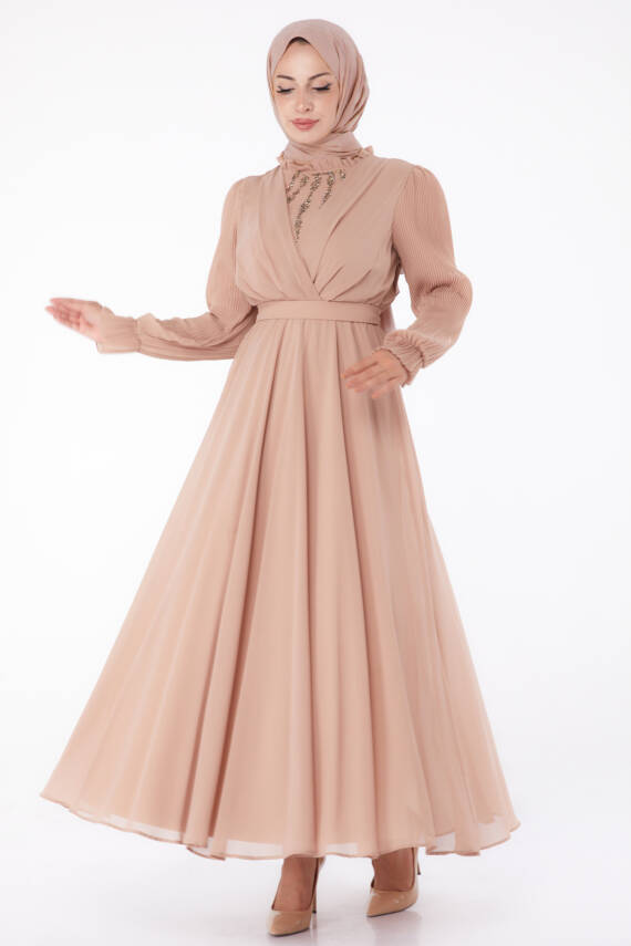 Taşlı Şifon Elbise Pudra - 26256 - 2