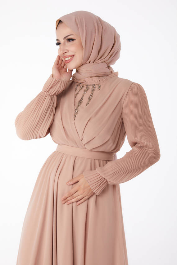 Taşlı Şifon Elbise Pudra - 26256 - 3
