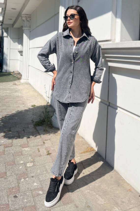 Tensel Taş Detaylı İkili Takım Füme - 25365 - 2