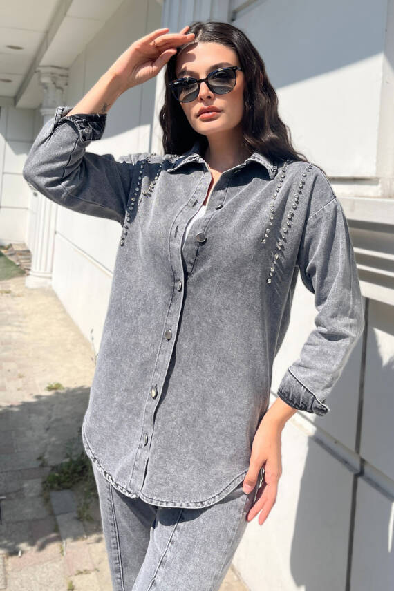 Tensel Taş Detaylı İkili Takım Füme - 25365 - 3