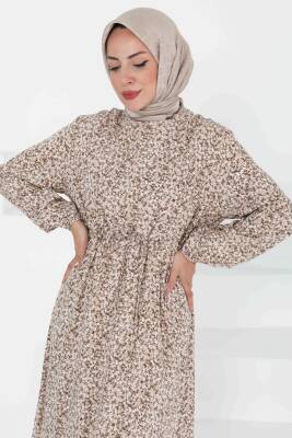 Tünel Kuşaklı Desenli Elbise Bej - 27423 - 4