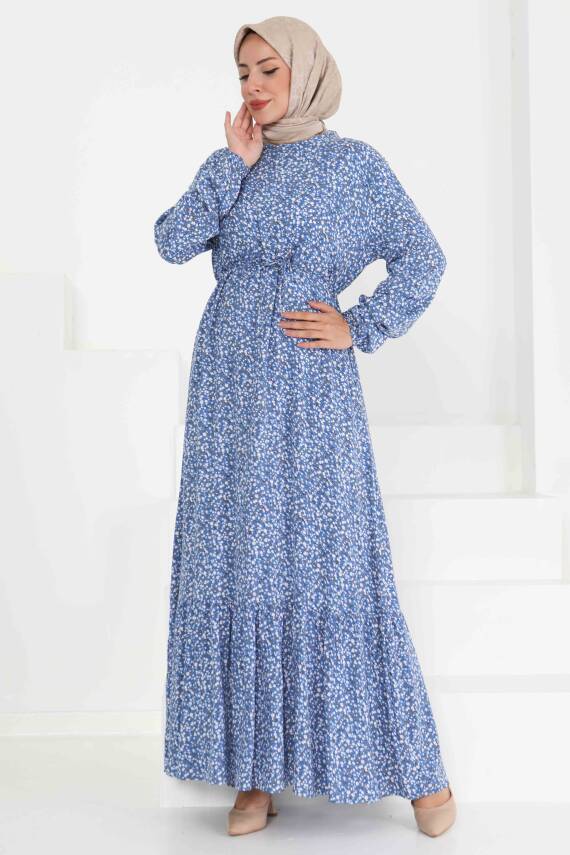 Tünel Kuşaklı Desenli Elbise Mavi - 27423 - 3