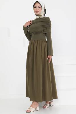 Üstü Şal Detaylı Elbise Haki - 27282 - 3
