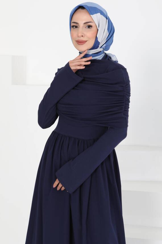 Üstü Şal Detaylı Elbise Lacivert - 27282 - 4
