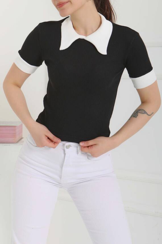 Yaka Garnili Crop Siyah - 27139 - 1