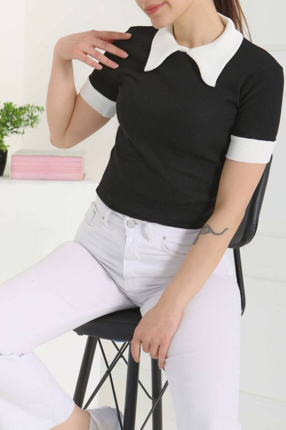 Yaka Garnili Crop Siyah - 27139 - 3