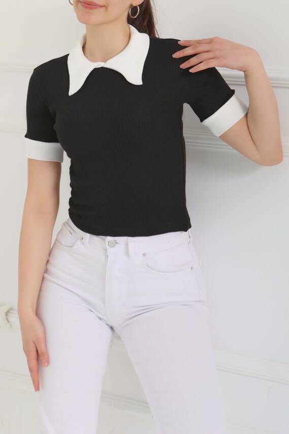 Yaka Garnili Crop Siyah - 27139 - 4