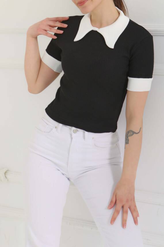Yaka Garnili Crop Siyah - 27139 - 5