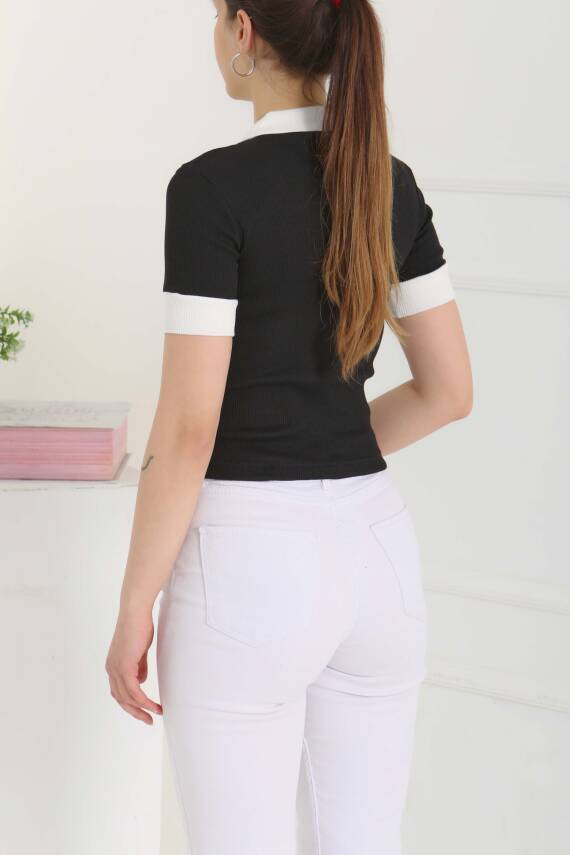 Yaka Garnili Crop Siyah - 27139 - 8