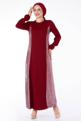 Yanı Simli Fitilli Elbise Bordo - 25628 