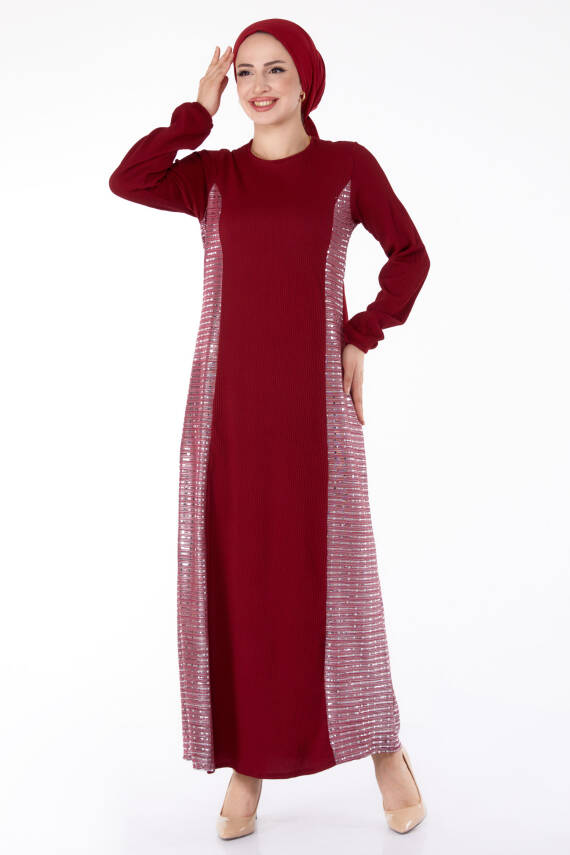 Yanı Simli Fitilli Elbise Bordo - 25628 - 1