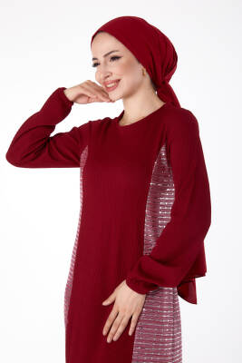 Yanı Simli Fitilli Elbise Bordo - 25628 - 2