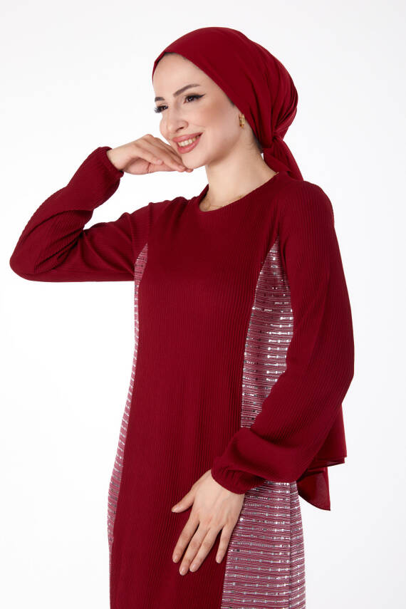 Yanı Simli Fitilli Elbise Bordo - 25628 - 2