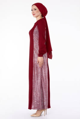 Yanı Simli Fitilli Elbise Bordo - 25628 - 3