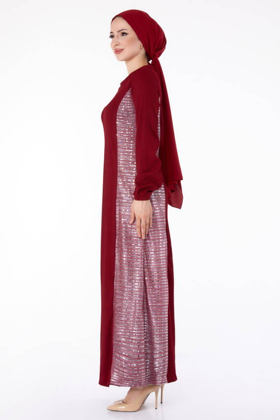 Yanı Simli Fitilli Elbise Bordo - 25628 - 3