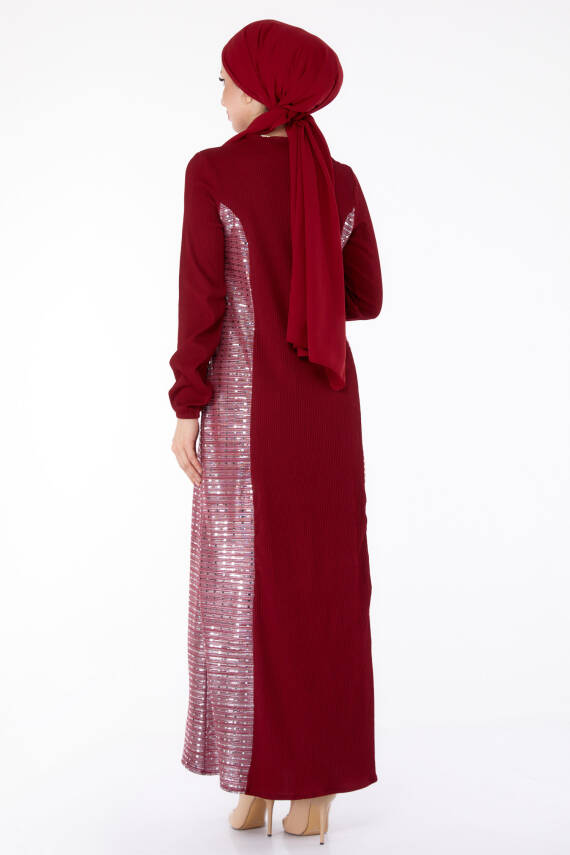 Yanı Simli Fitilli Elbise Bordo - 25628 - 4