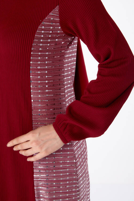 Yanı Simli Fitilli Elbise Bordo - 25628 - 6