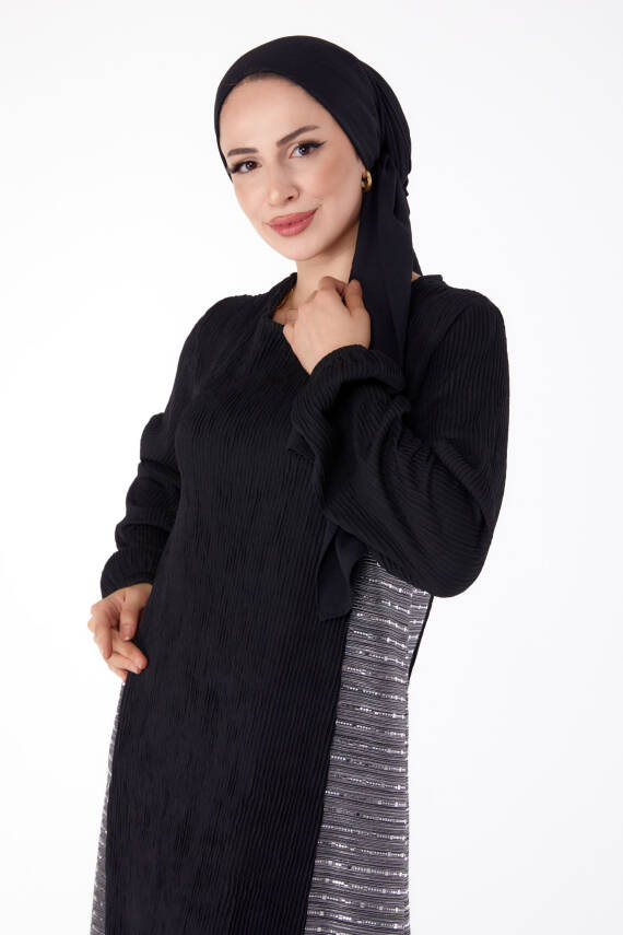 Yanı Simli Fitilli Elbise Siyah Gümüş - 25628 - 3