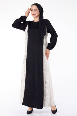 Yanı Simli Fitilli Elbise Siyah Krem - 25628 