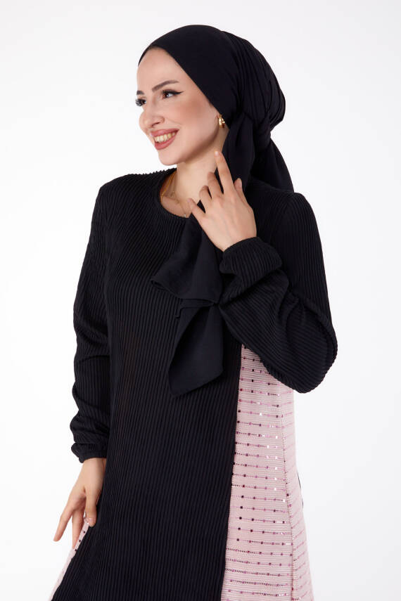Yanı Simli Fitilli Elbise Siyah Pudra - 25628 - 2