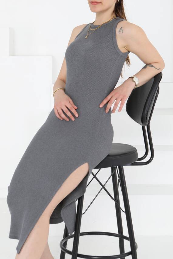 Yırtmaçlı Elbise Füme - 27234 - 1