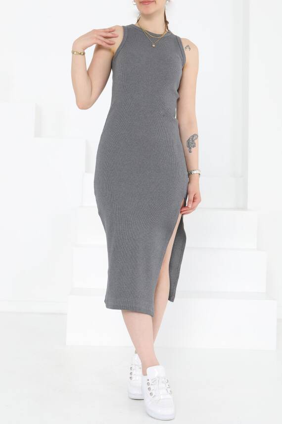 Yırtmaçlı Elbise Füme - 27234 - 3