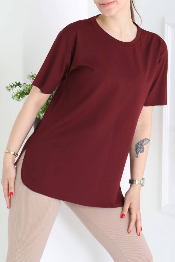 Yırtmalı Kısa Kollu T-Şhirt Bordo - 27117 - 3