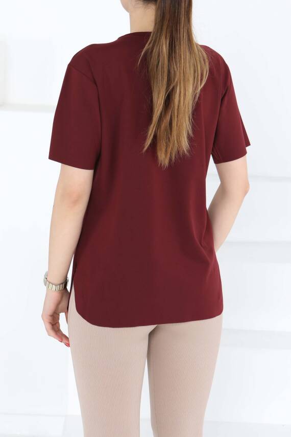 Yırtmalı Kısa Kollu T-Şhirt Bordo - 27117 - 5