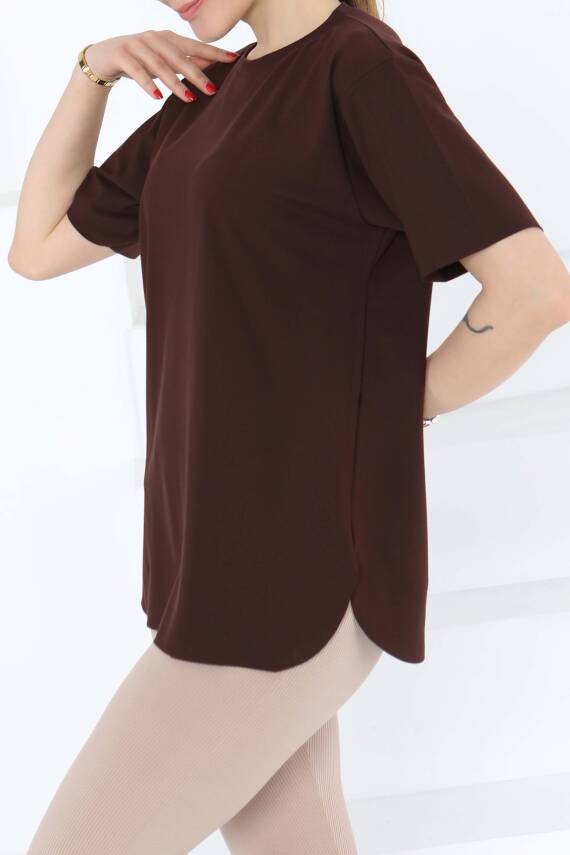 Yırtmalı Kısa Kollu T-Şhirt Kahve - 27117 - 3